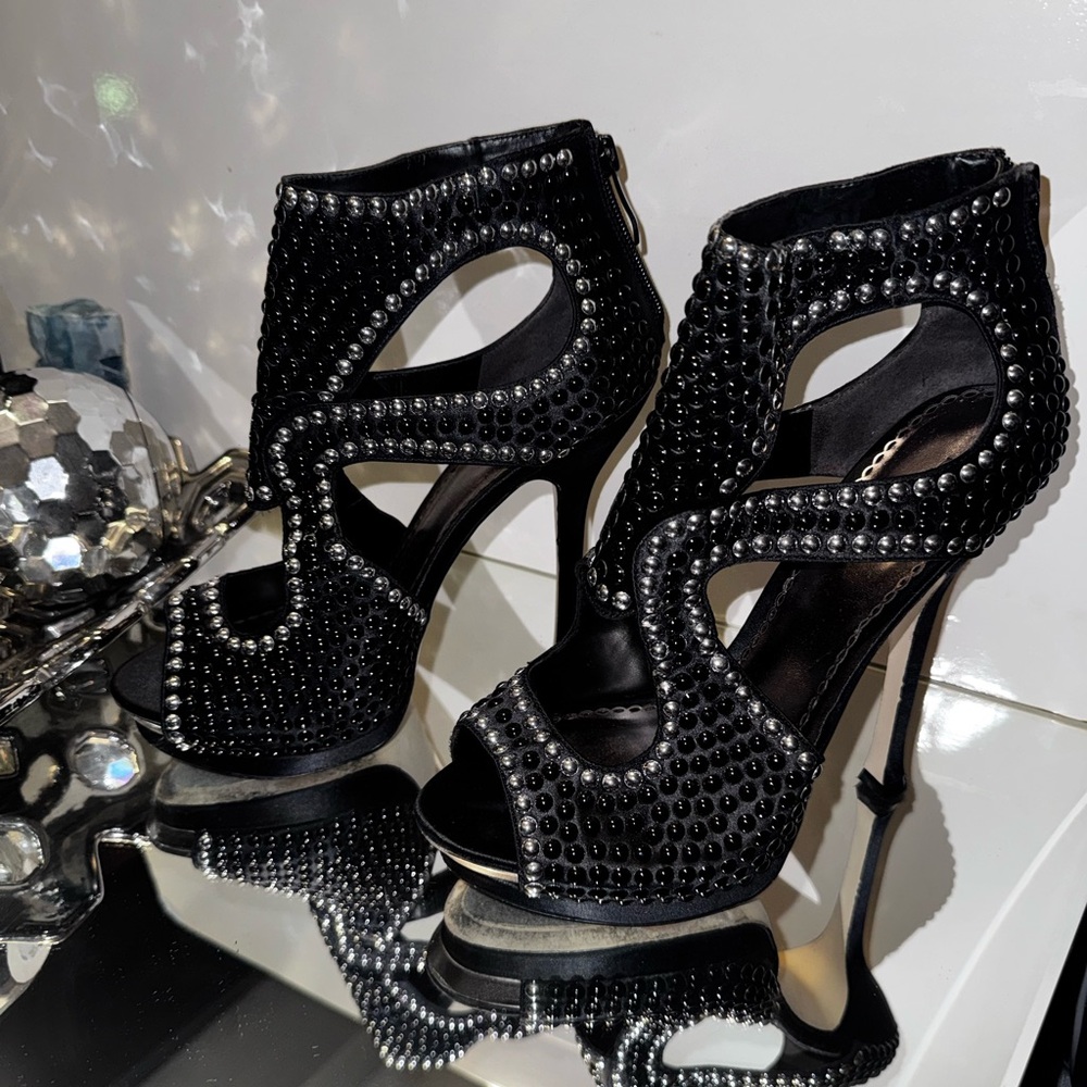 Studded Black High Heel Sandals “bebe”